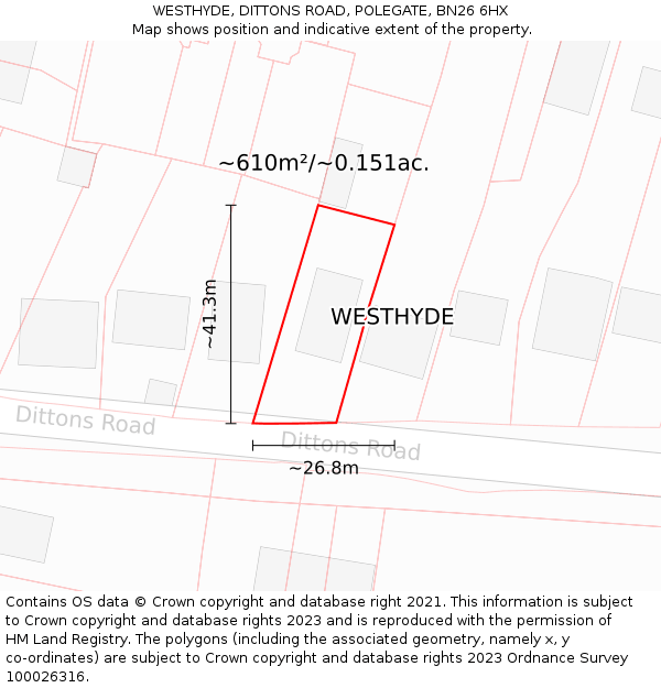 WESTHYDE, DITTONS ROAD, POLEGATE, BN26 6HX: Plot and title map