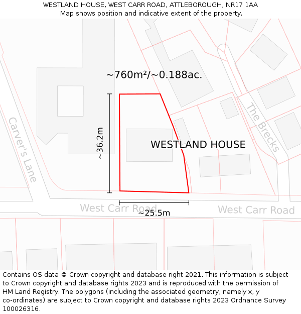 WESTLAND HOUSE, WEST CARR ROAD, ATTLEBOROUGH, NR17 1AA: Plot and title map