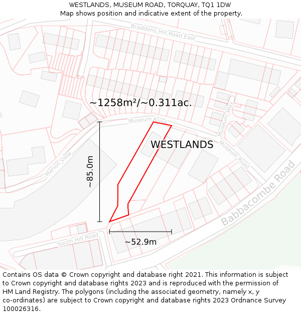 WESTLANDS, MUSEUM ROAD, TORQUAY, TQ1 1DW: Plot and title map