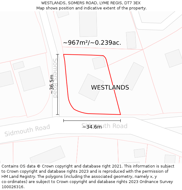 WESTLANDS, SOMERS ROAD, LYME REGIS, DT7 3EX: Plot and title map