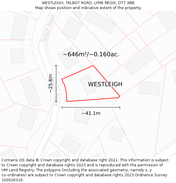 WESTLEIGH, TALBOT ROAD, LYME REGIS, DT7 3BB: Plot and title map