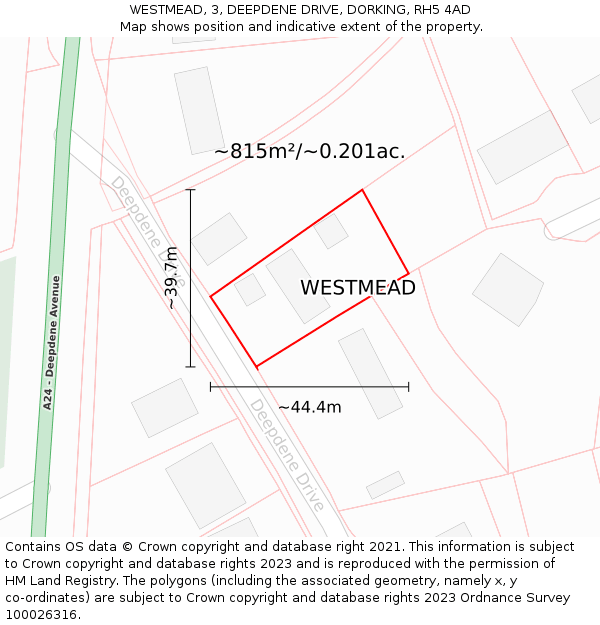 WESTMEAD, 3, DEEPDENE DRIVE, DORKING, RH5 4AD: Plot and title map