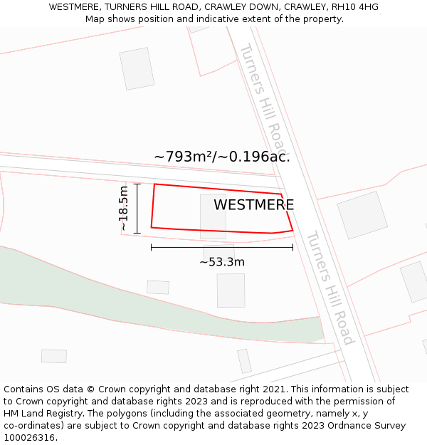 WESTMERE, TURNERS HILL ROAD, CRAWLEY DOWN, CRAWLEY, RH10 4HG: Plot and title map