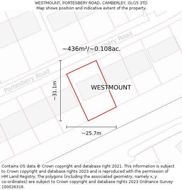 WESTMOUNT, PORTESBERY ROAD, CAMBERLEY, GU15 3TD: Plot and title map