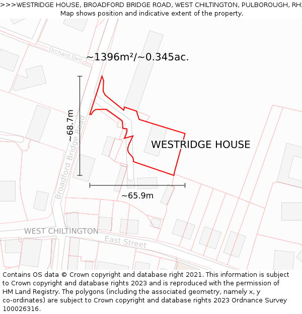 WESTRIDGE HOUSE, BROADFORD BRIDGE ROAD, WEST CHILTINGTON, PULBOROUGH, RH20 2LA: Plot and title map