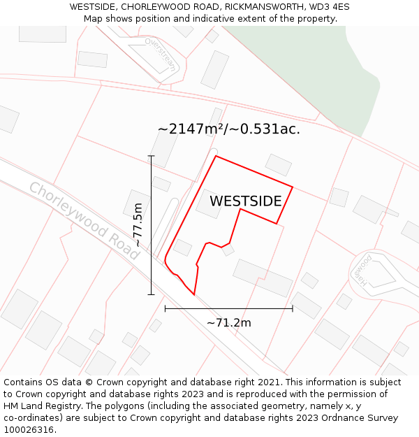 WESTSIDE, CHORLEYWOOD ROAD, RICKMANSWORTH, WD3 4ES: Plot and title map