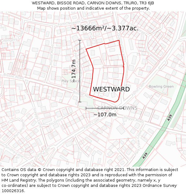 WESTWARD, BISSOE ROAD, CARNON DOWNS, TRURO, TR3 6JB: Plot and title map