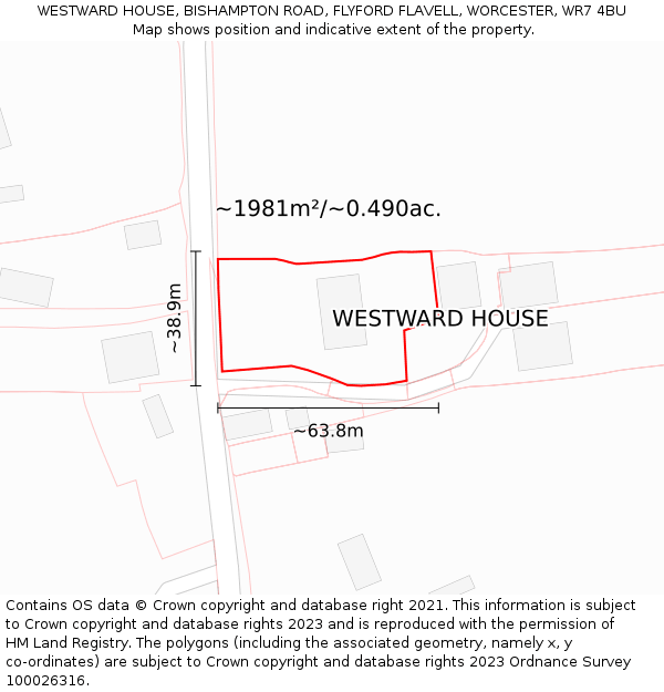 WESTWARD HOUSE, BISHAMPTON ROAD, FLYFORD FLAVELL, WORCESTER, WR7 4BU: Plot and title map