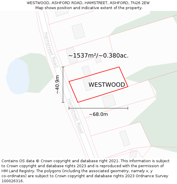 WESTWOOD, ASHFORD ROAD, HAMSTREET, ASHFORD, TN26 2EW: Plot and title map