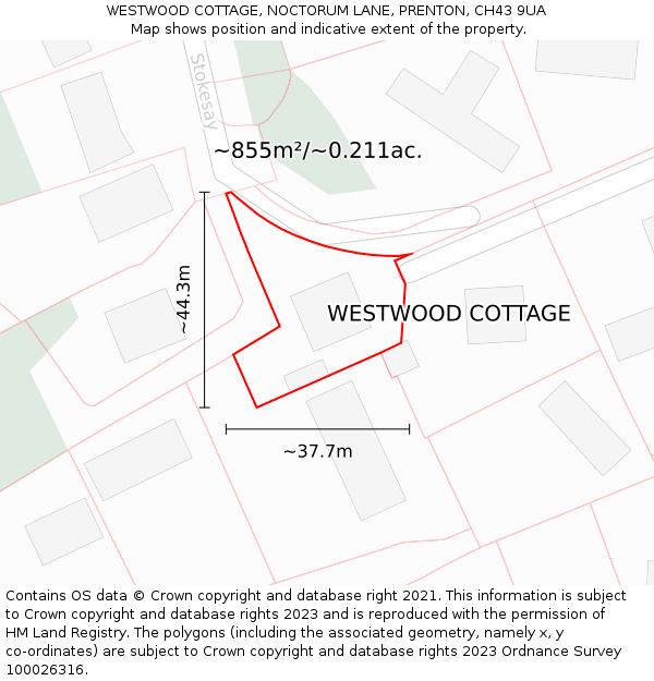 WESTWOOD COTTAGE, NOCTORUM LANE, PRENTON, CH43 9UA: Plot and title map