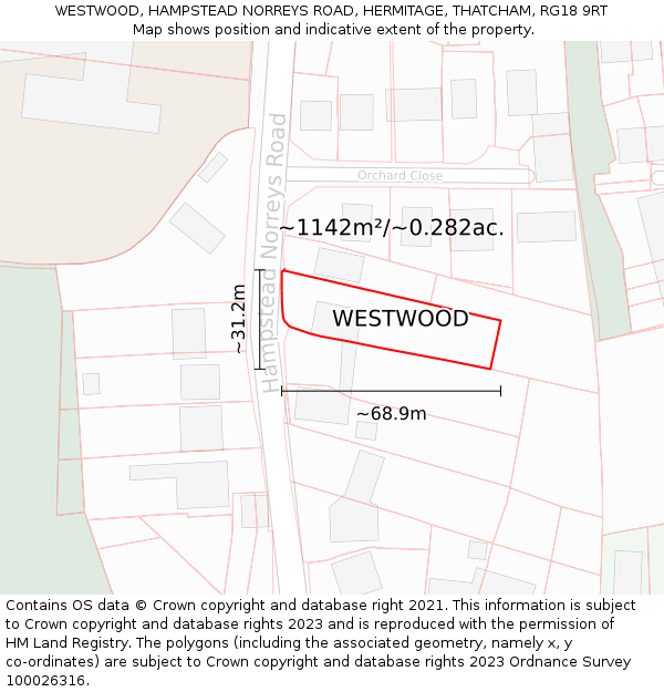 WESTWOOD, HAMPSTEAD NORREYS ROAD, HERMITAGE, THATCHAM, RG18 9RT: Plot and title map