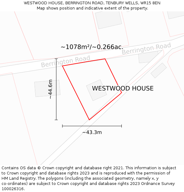 WESTWOOD HOUSE, BERRINGTON ROAD, TENBURY WELLS, WR15 8EN: Plot and title map