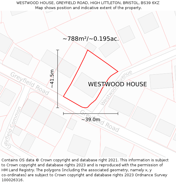 WESTWOOD HOUSE, GREYFIELD ROAD, HIGH LITTLETON, BRISTOL, BS39 6XZ: Plot and title map