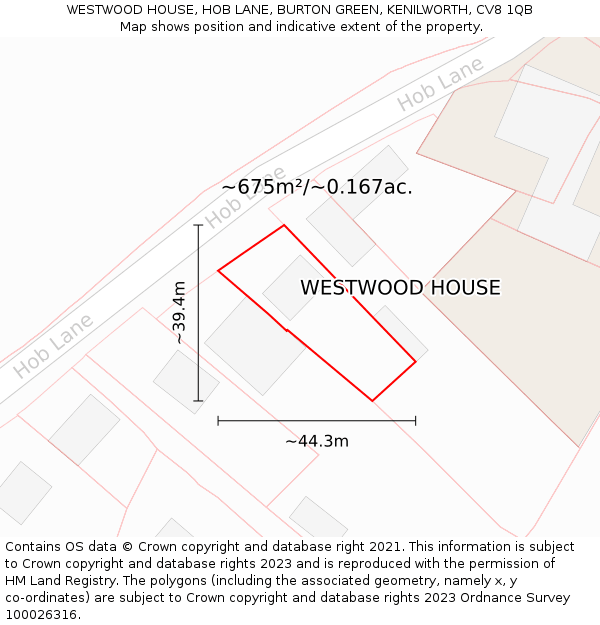 WESTWOOD HOUSE, HOB LANE, BURTON GREEN, KENILWORTH, CV8 1QB: Plot and title map