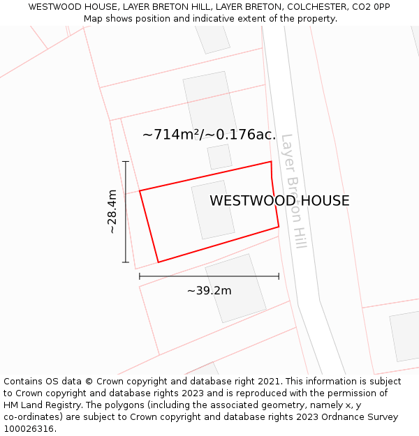 WESTWOOD HOUSE, LAYER BRETON HILL, LAYER BRETON, COLCHESTER, CO2 0PP: Plot and title map