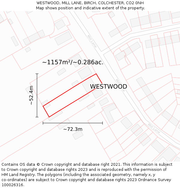 WESTWOOD, MILL LANE, BIRCH, COLCHESTER, CO2 0NH: Plot and title map