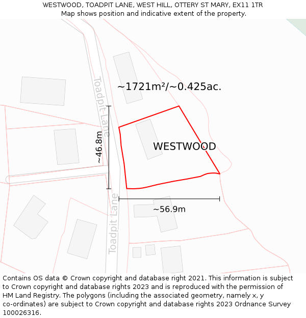 WESTWOOD, TOADPIT LANE, WEST HILL, OTTERY ST MARY, EX11 1TR: Plot and title map