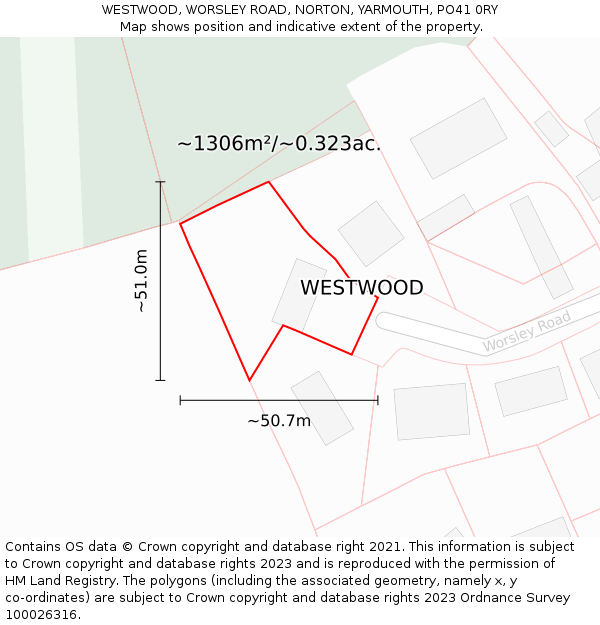 WESTWOOD, WORSLEY ROAD, NORTON, YARMOUTH, PO41 0RY: Plot and title map