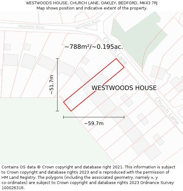 WESTWOODS HOUSE, CHURCH LANE, OAKLEY, BEDFORD, MK43 7RJ: Plot and title map