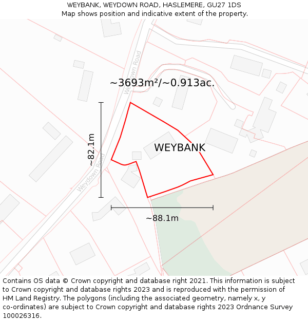 WEYBANK, WEYDOWN ROAD, HASLEMERE, GU27 1DS: Plot and title map