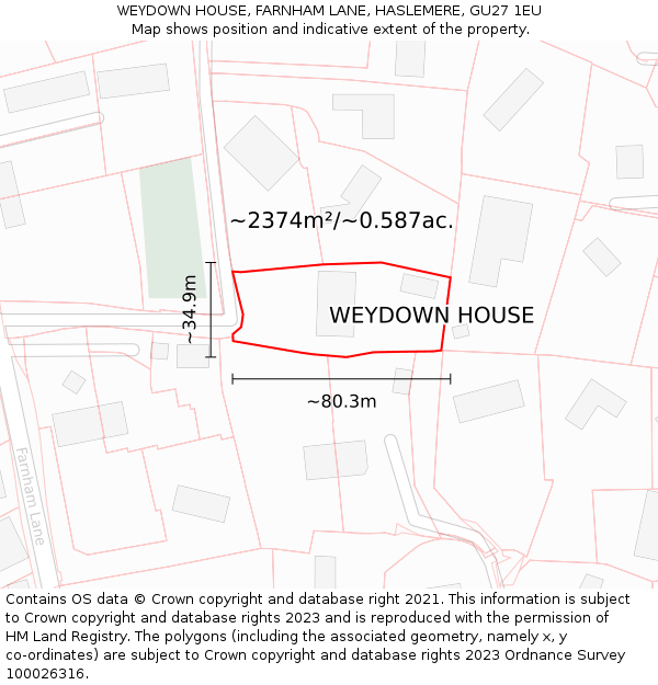 WEYDOWN HOUSE, FARNHAM LANE, HASLEMERE, GU27 1EU: Plot and title map