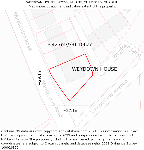 WEYDOWN HOUSE, WEYDOWN LANE, GUILDFORD, GU2 9UT: Plot and title map
