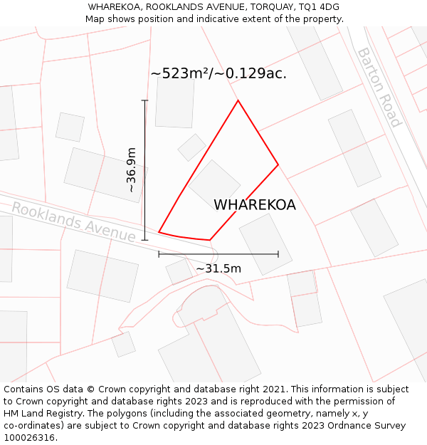 WHAREKOA, ROOKLANDS AVENUE, TORQUAY, TQ1 4DG: Plot and title map