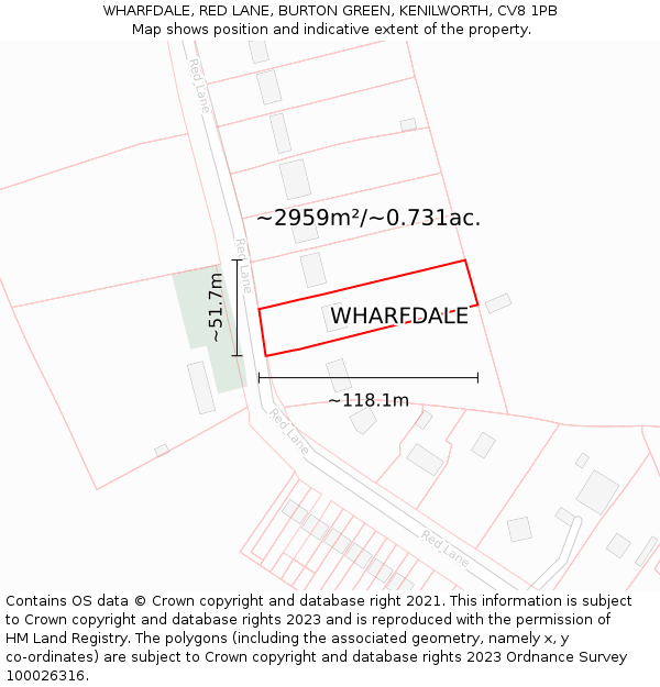 WHARFDALE, RED LANE, BURTON GREEN, KENILWORTH, CV8 1PB: Plot and title map