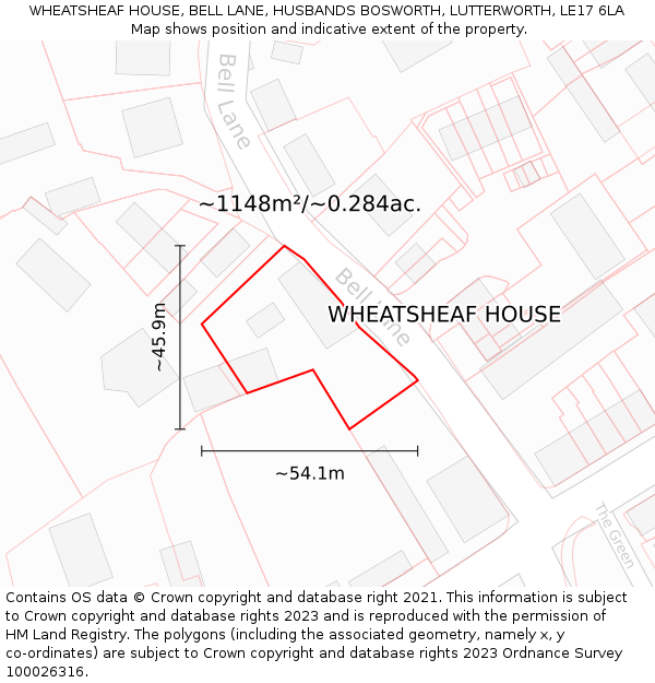 WHEATSHEAF HOUSE, BELL LANE, HUSBANDS BOSWORTH, LUTTERWORTH, LE17 6LA: Plot and title map