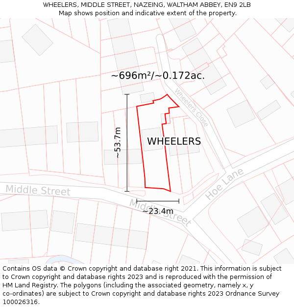 WHEELERS, MIDDLE STREET, NAZEING, WALTHAM ABBEY, EN9 2LB: Plot and title map