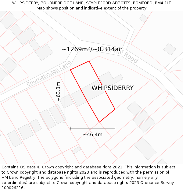 WHIPSIDERRY, BOURNEBRIDGE LANE, STAPLEFORD ABBOTTS, ROMFORD, RM4 1LT: Plot and title map