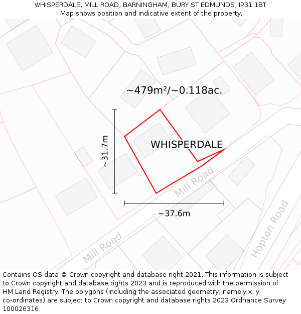 WHISPERDALE, MILL ROAD, BARNINGHAM, BURY ST EDMUNDS, IP31 1BT: Plot and title map