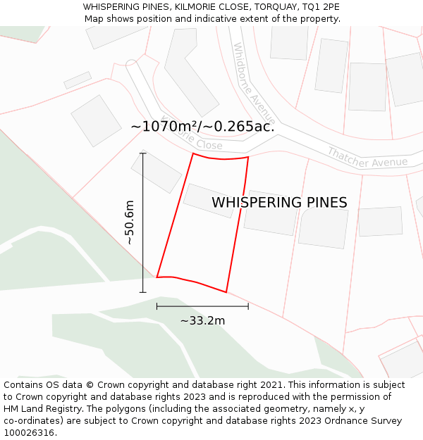 WHISPERING PINES, KILMORIE CLOSE, TORQUAY, TQ1 2PE: Plot and title map