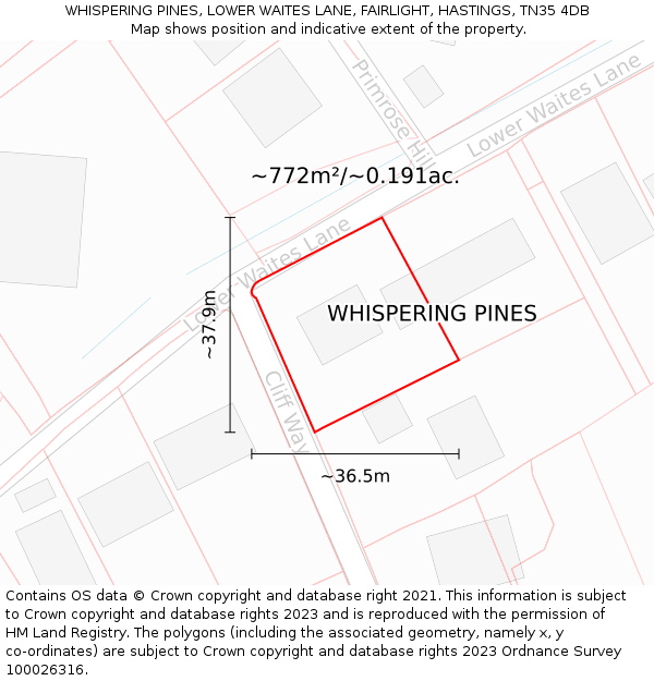 WHISPERING PINES, LOWER WAITES LANE, FAIRLIGHT, HASTINGS, TN35 4DB: Plot and title map