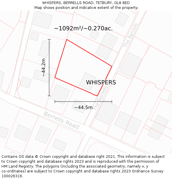 WHISPERS, BERRELLS ROAD, TETBURY, GL8 8ED: Plot and title map