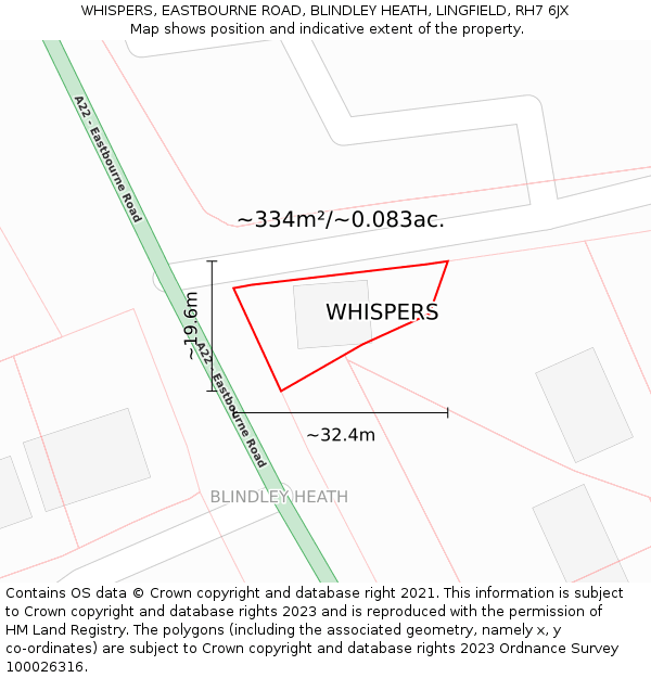 WHISPERS, EASTBOURNE ROAD, BLINDLEY HEATH, LINGFIELD, RH7 6JX: Plot and title map