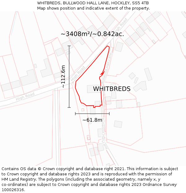 WHITBREDS, BULLWOOD HALL LANE, HOCKLEY, SS5 4TB: Plot and title map