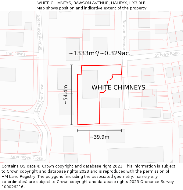WHITE CHIMNEYS, RAWSON AVENUE, HALIFAX, HX3 0LR: Plot and title map