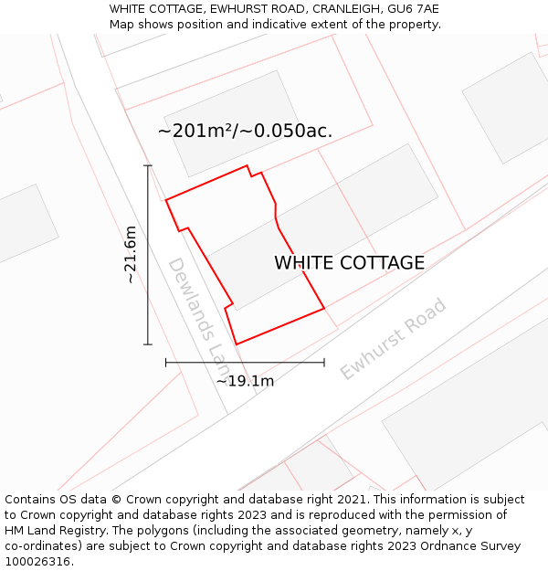 WHITE COTTAGE, EWHURST ROAD, CRANLEIGH, GU6 7AE: Plot and title map