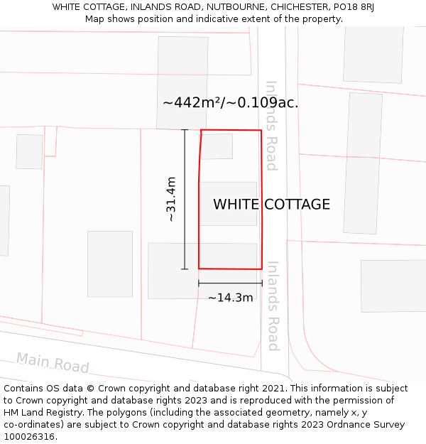 WHITE COTTAGE, INLANDS ROAD, NUTBOURNE, CHICHESTER, PO18 8RJ: Plot and title map