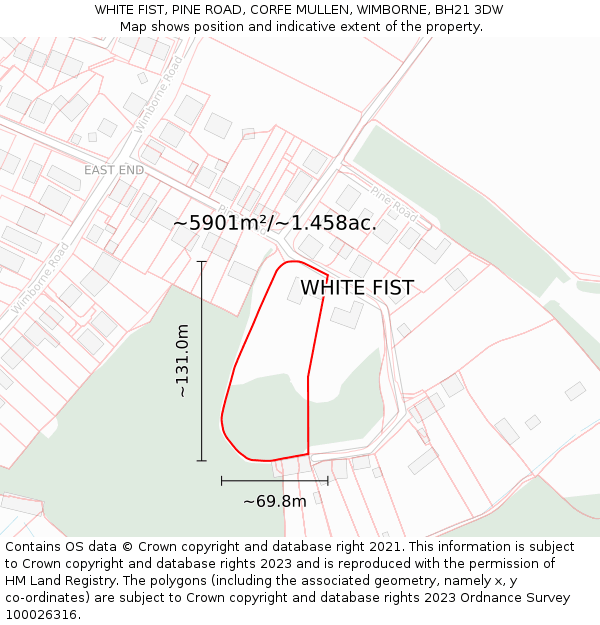 WHITE FIST, PINE ROAD, CORFE MULLEN, WIMBORNE, BH21 3DW: Plot and title map