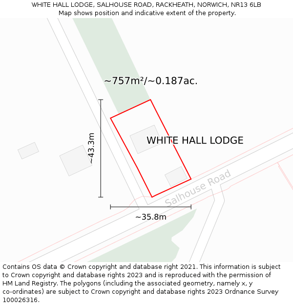 WHITE HALL LODGE, SALHOUSE ROAD, RACKHEATH, NORWICH, NR13 6LB: Plot and title map