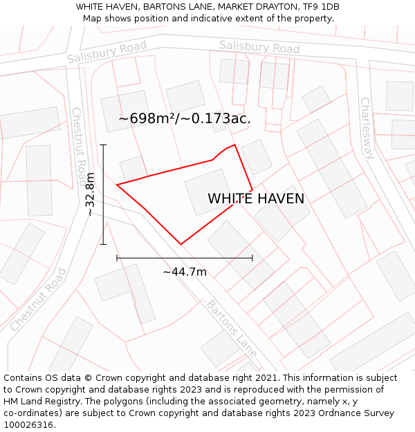 WHITE HAVEN, BARTONS LANE, MARKET DRAYTON, TF9 1DB: Plot and title map