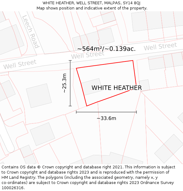 WHITE HEATHER, WELL STREET, MALPAS, SY14 8QJ: Plot and title map
