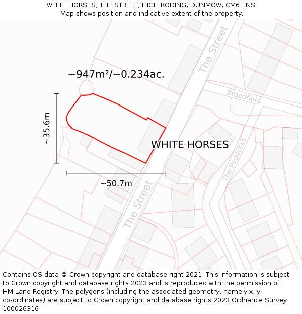 WHITE HORSES, THE STREET, HIGH RODING, DUNMOW, CM6 1NS: Plot and title map