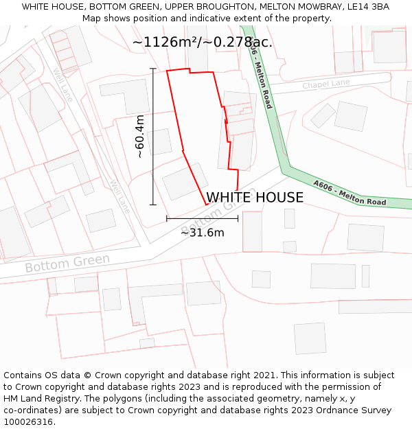 WHITE HOUSE, BOTTOM GREEN, UPPER BROUGHTON, MELTON MOWBRAY, LE14 3BA: Plot and title map