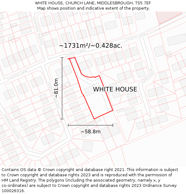 WHITE HOUSE, CHURCH LANE, MIDDLESBROUGH, TS5 7EF: Plot and title map
