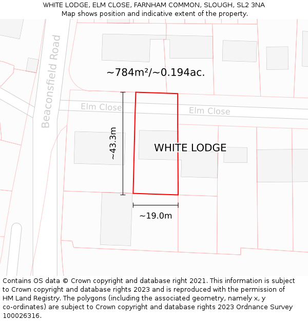 WHITE LODGE, ELM CLOSE, FARNHAM COMMON, SLOUGH, SL2 3NA: Plot and title map