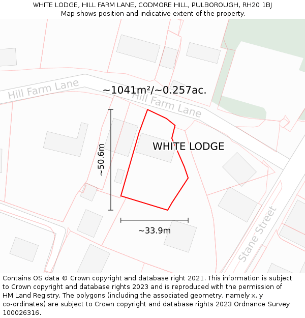 WHITE LODGE, HILL FARM LANE, CODMORE HILL, PULBOROUGH, RH20 1BJ: Plot and title map