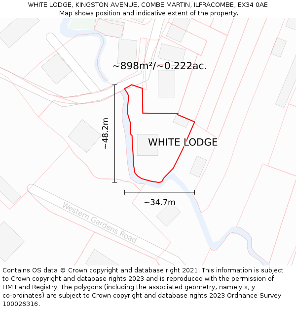 WHITE LODGE, KINGSTON AVENUE, COMBE MARTIN, ILFRACOMBE, EX34 0AE: Plot and title map